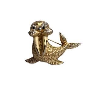 Vintage Jomaz Goldtone Walrus Brooch Rhinestone Eyes Signed Animal Pin